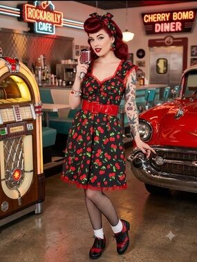 Rockabilly Cherry Print Swing Dress with Red Accents-NWT